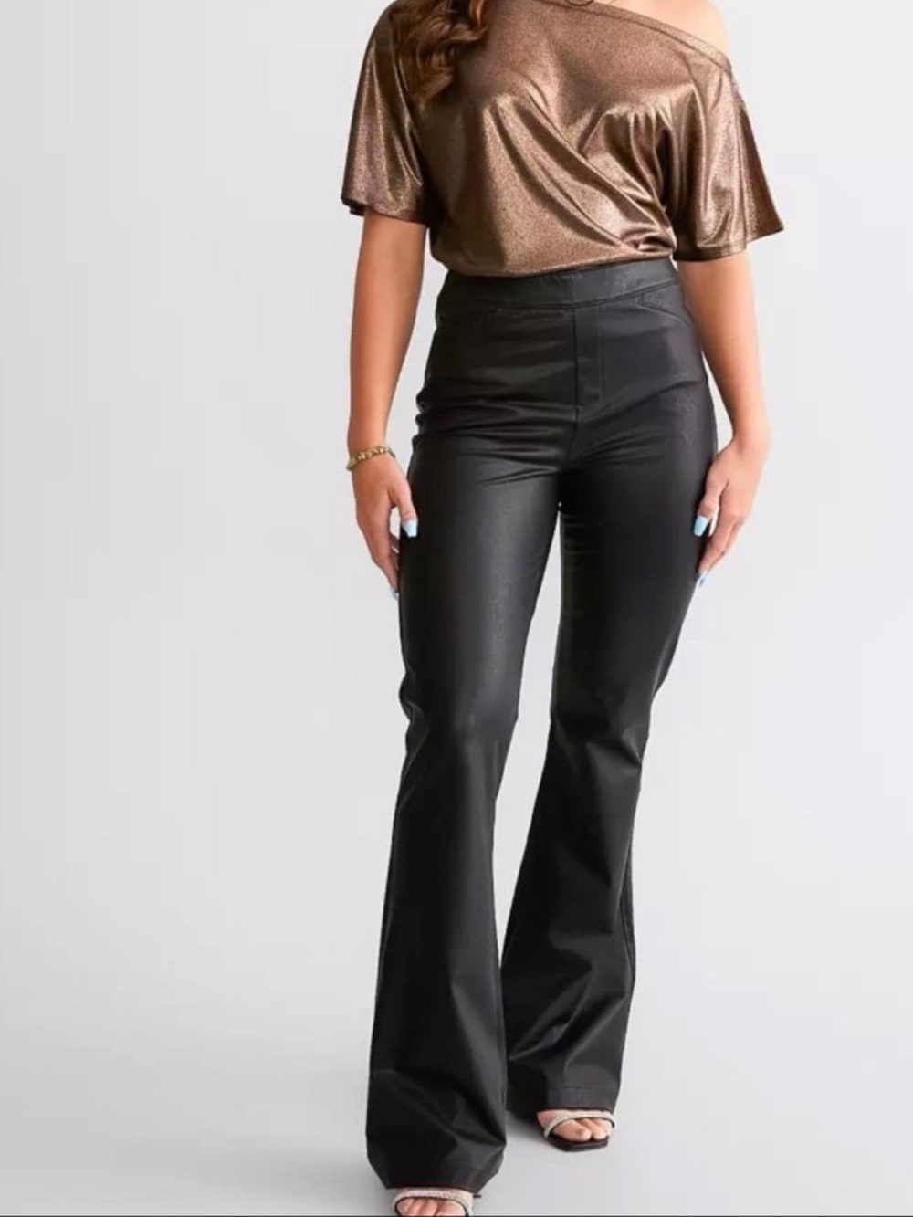 High-Rise Black Faux Leather Flare Pants